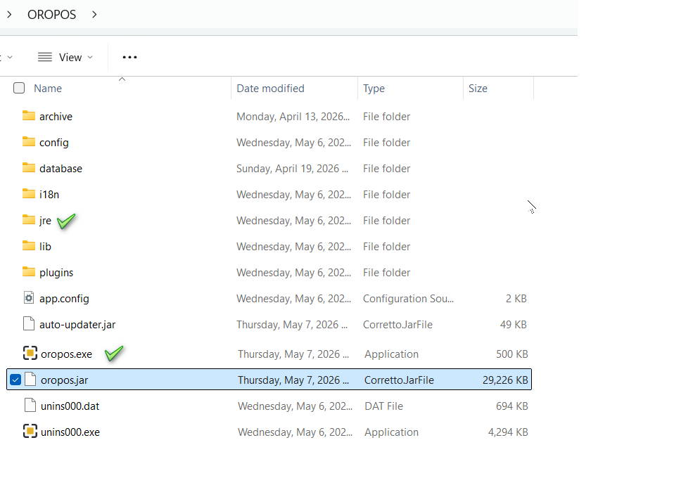 ORO POS folder showing JRE directory